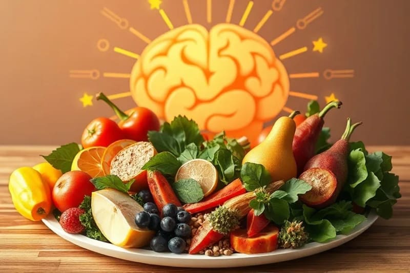 A vibrant array of healthy foods symbolizing nourishment for the brain and gut