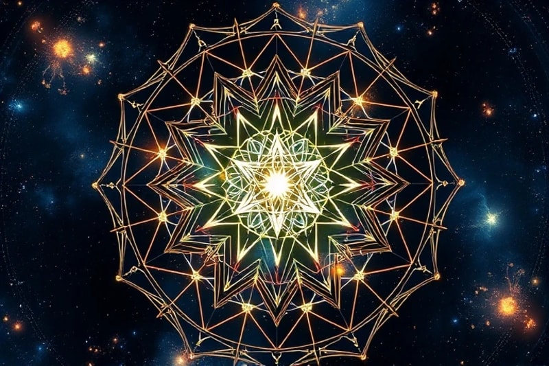 Representación abstracta de engranajes celestiales entrelazados, simbolizando la mecánica de las casas derivadas y el flujo de energía kármica.