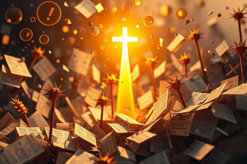 Haz de luz dorada cortando el caos de datos y titulares, simbolizando la verdad