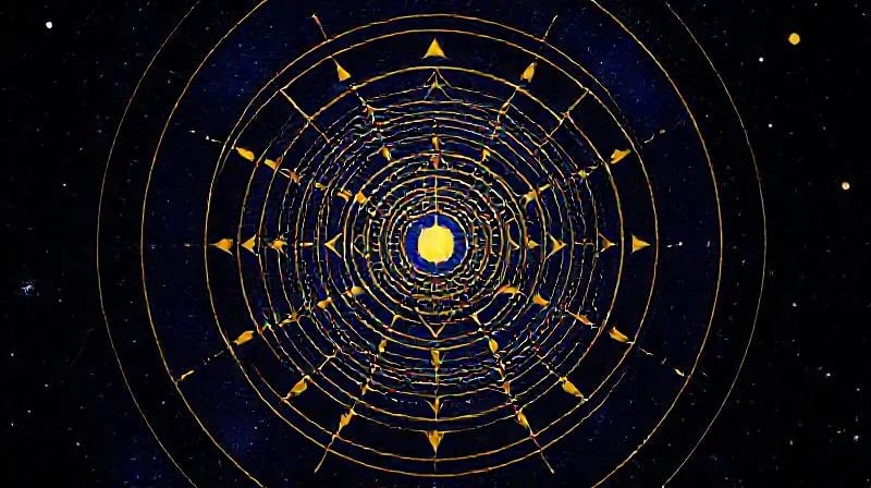 An intricate, clean vector illustration depicting the Golden Ratio spiral overlaid onto a simplified representation of planetary orbits around a central star.