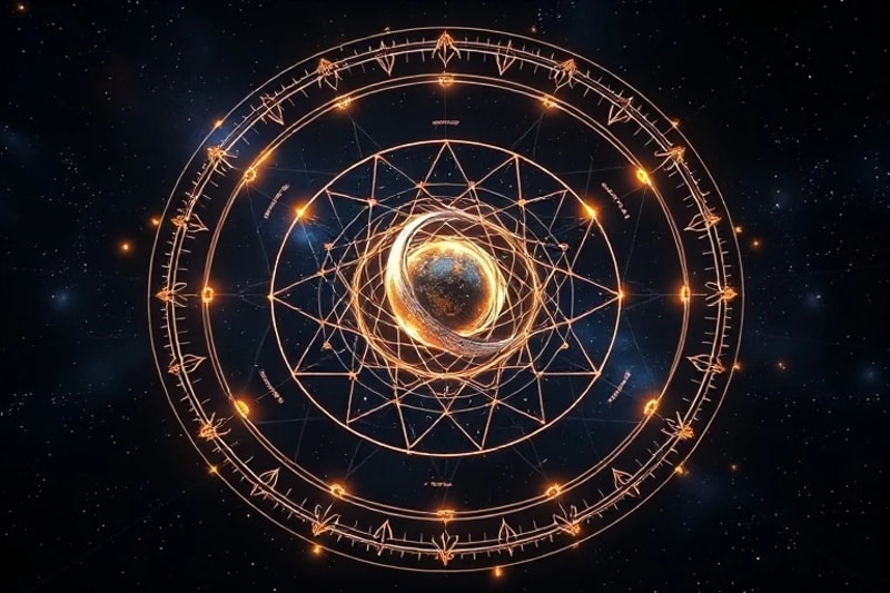A sophisticated 3D render of a solar system model, where the orbital paths of planets are clearly visible as luminous, translucent lines, intersecting and aligning to form complex, dynamic sacred geometric figures.