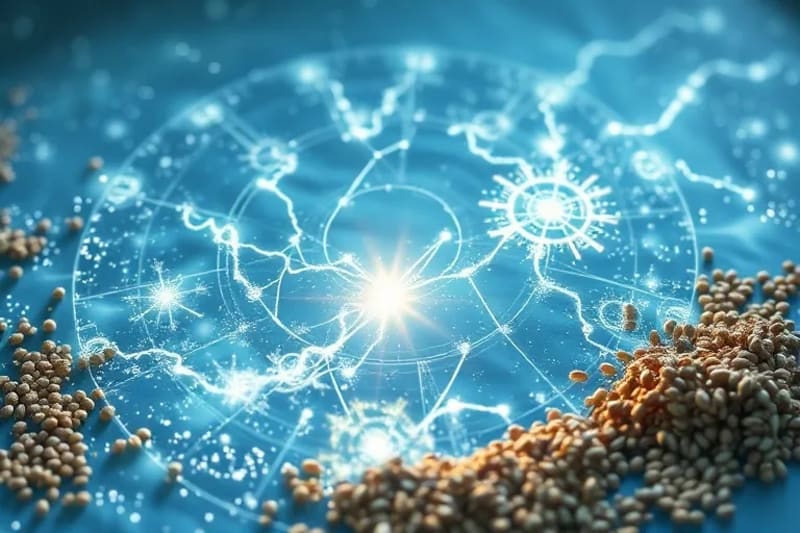 Hilos de energía disolviéndose en agua, rodeados de granos y hierbas