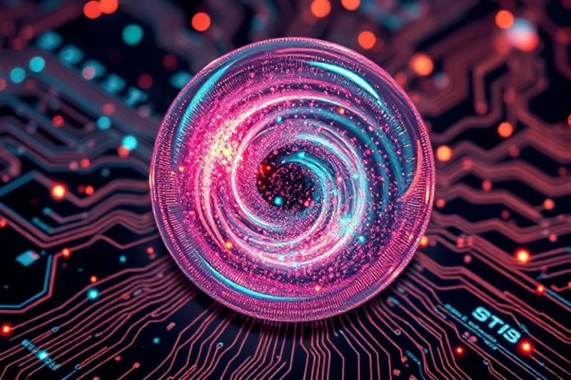 Representación abstracta de datos cifrados siendo manipulados dentro de una esfera protectora con símbolos matemáticos.