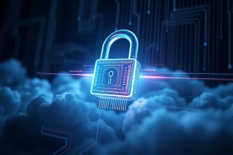 Candado futurista hecho de luz y circuitos sobre un servidor de nube digital, simbolizando la seguridad de los datos.