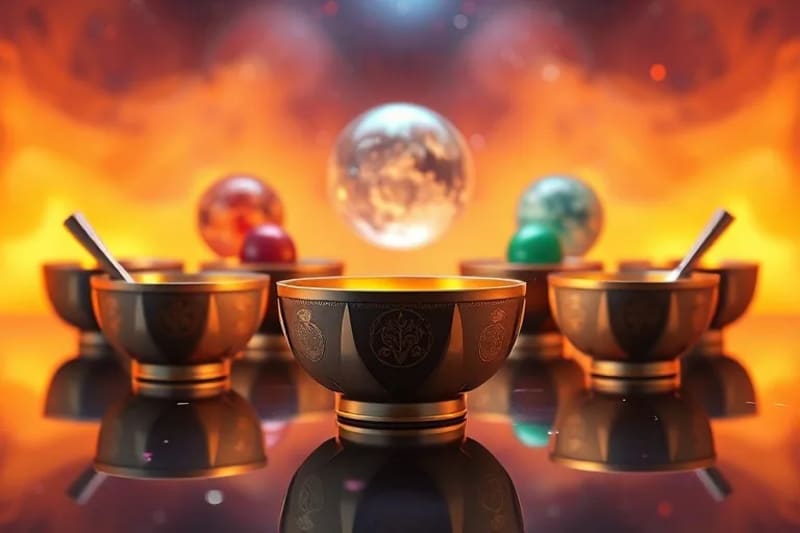 3D rendered still life of ancient sound healing instruments and planetary spheres.