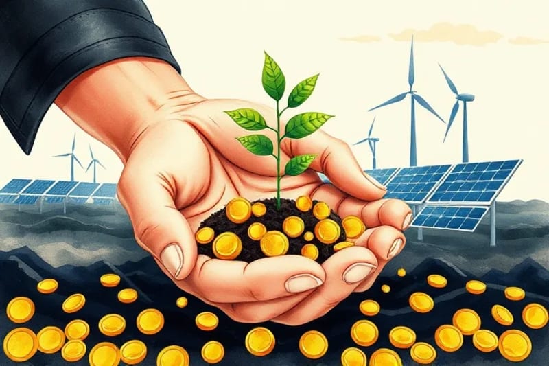 Mano sosteniendo una planta joven que brota de monedas y tierra, con siluetas de energía eólica y solar en el fondo.