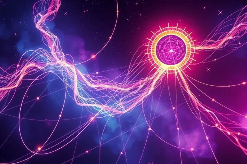 Representación artística de un hilo luminoso que simboliza el viaje del alma, con experiencias pasadas desvaneciéndose y un camino futuro vibrante.