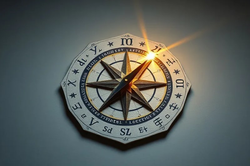 Representación 3D de una brújula celestial con los Nodos Norte y Sur como puntos cardinales, apuntando a una estrella que simboliza la misión del alma.