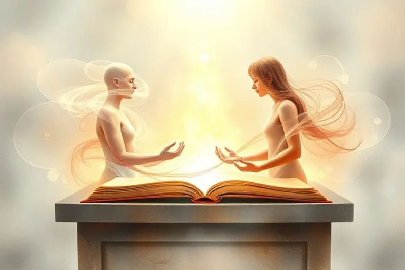 Figuras humanas translúcidas conectadas por hilos de luz sobre un fondo digital abstracto