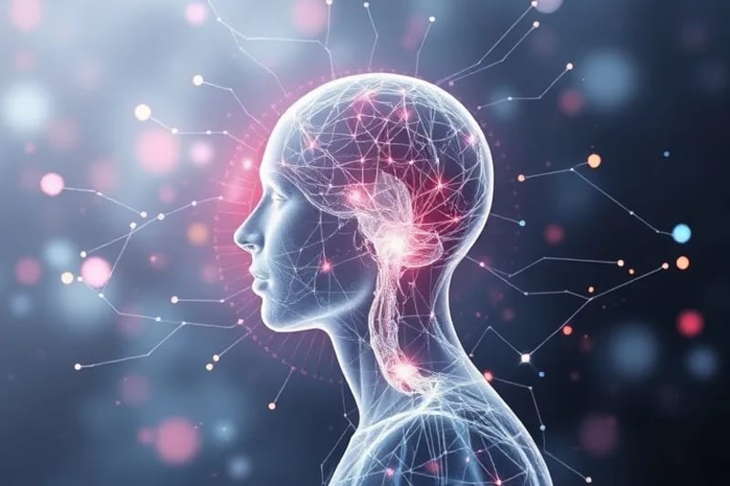 Silueta humana con vías neuronales brillantes, rodeada por una interfaz digital sutil en acuarela.