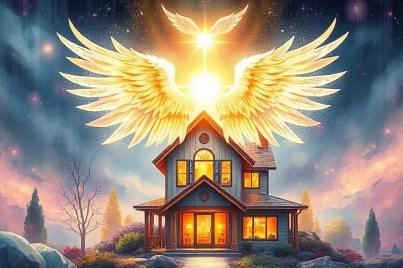 Ángel guardián sobrevolando un hogar tranquilo, acuarela