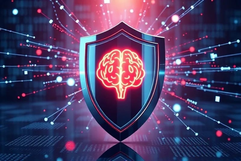 Escudo estilizado protegiendo un icono de cerebro brillante, con código binario fluyendo alrededor en un render 3D.