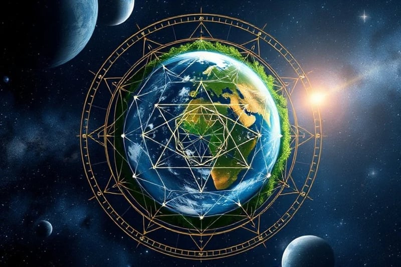 Stylized Earth ecosystems intertwined with astrological symbols, representing cosmic influence