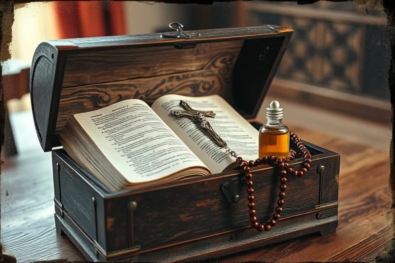 Cofre de madera antiguo con objetos religiosos, primer plano