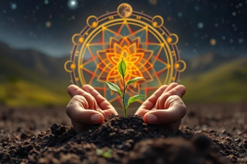 Hands planting a seedling with orbiting planetary symbols, symbolizing guided environmental renewal