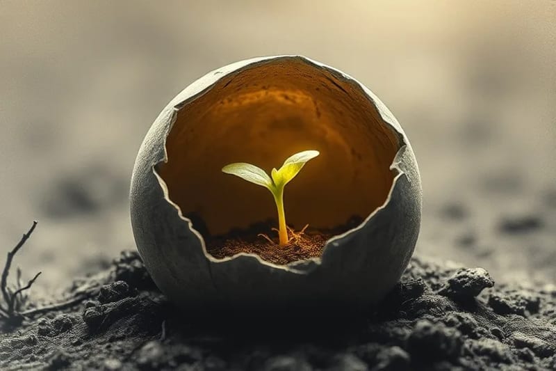 Imagen conceptual de un capullo abriéndose para revelar una luz interna, simbolizando la metamorfosis del alma y el despertar de la conciencia.