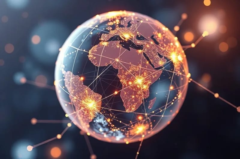 Representación abstracta de la interconexión global a través de puntos de luz y líneas energéticas, simbolizando la conciencia colectiva y la evolución de la humanidad.