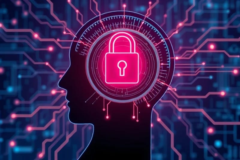 Vector art illustration of a human head silhouette with a padlock over the brain, surrounded by abstract digital patterns representing data, symbolizing mental privacy protection.