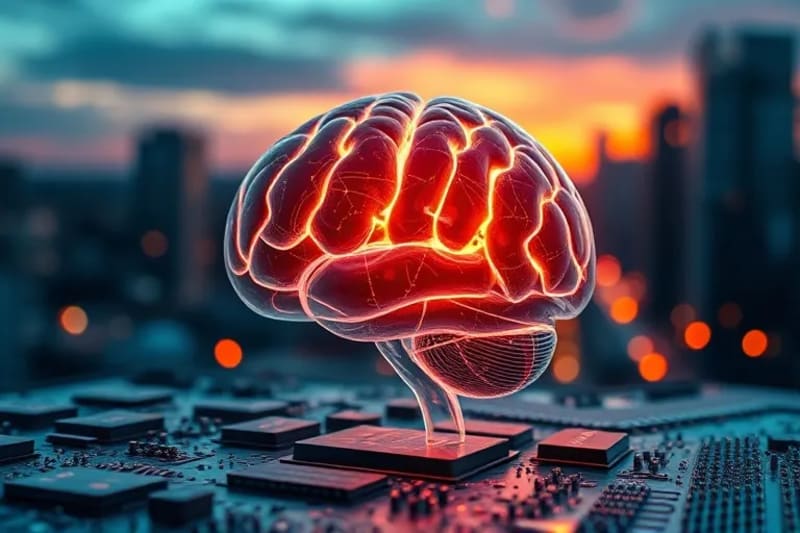 3D render of a stylized human brain encased in a transparent digital cage, with faint light emanating from within, set against a blurred futuristic cityscape, symbolizing vulnerable consciousness.