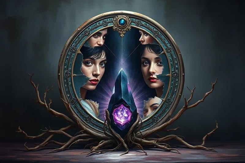 Digital painting of a broken mirror reflecting fragmented faces, surrounded by roots and a glowing dark crystal, symbolizing the complex process of shadow integration.