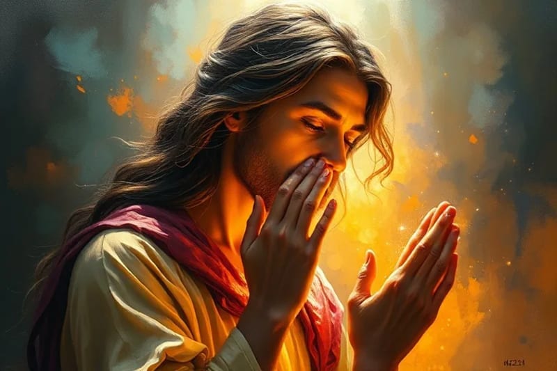 Pintura al óleo de una persona en profunda contemplación espiritual, con luz etérea