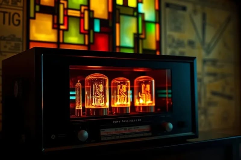 Primer plano de un antiguo receptor de radio con tubos de vacío, emitiendo un resplandor suave, rodeado de diagramas técnicos abstractos que simbolizan la transmisión de señales de radio y la modulación de frecuencia.