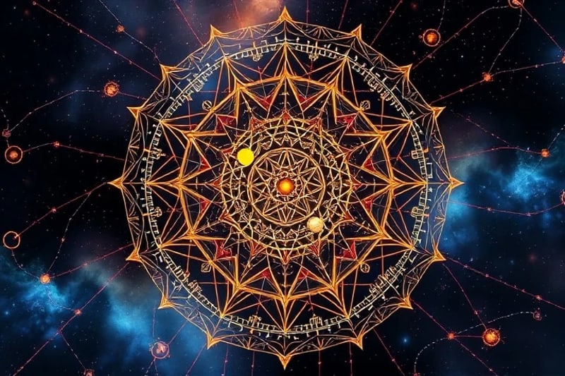 Flujos de datos astrológicos y redes neuronales interconectadas, simbolizando la fusión de la astrología y la tecnología digital para predicciones en línea.