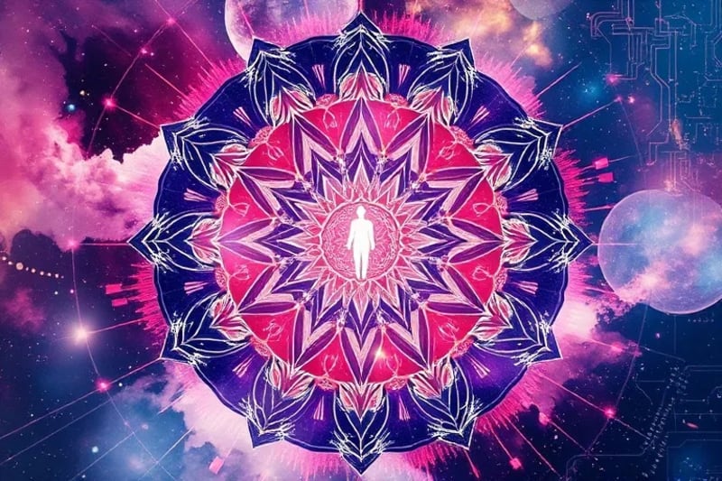 Visualización abstracta de energías cósmicas y conexiones neuronales, ilustrando la influencia de los tránsitos planetarios en la psique humana dentro de un contexto digital.