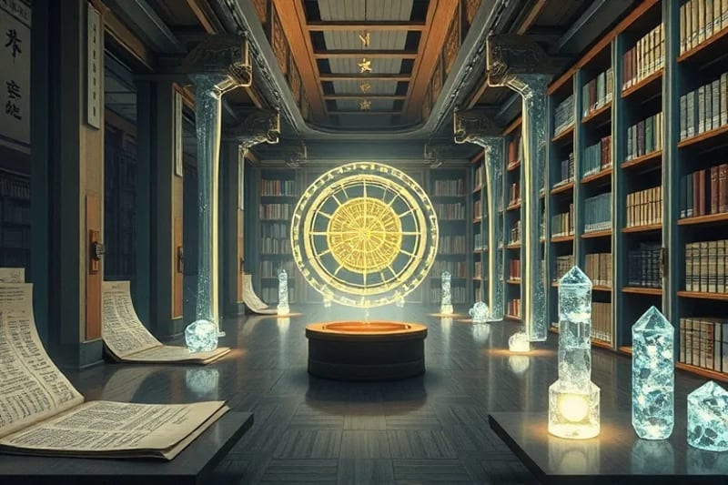 Conceptual 3D render of a futuristic library with flowing digital information and ancient scrolls, symbolizing evolving knowledge.