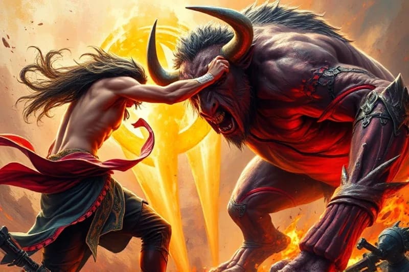 Héroe de videojuego combatiendo una criatura mitológica griega