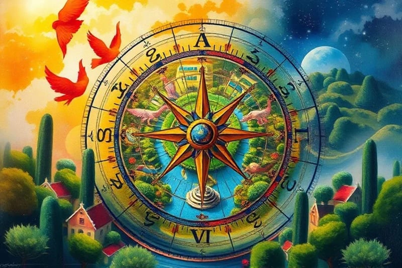 Feng Shui compass over a city park blueprint with harmonious elements
