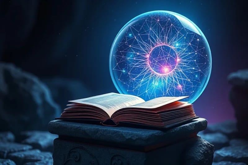 Flujo de datos digitales hacia una esfera de cristal, con redes neuronales formando patrones celestiales.