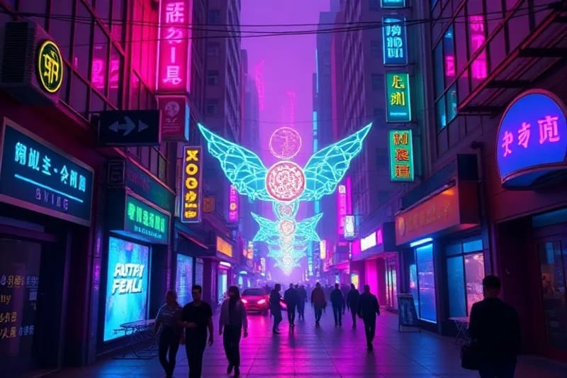 Glowing energy currents flowing through a bustling urban street
