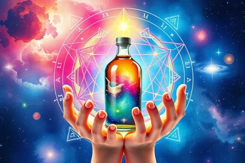 Manos sosteniendo un elixir vibracional con plantas y símbolos planetarios.