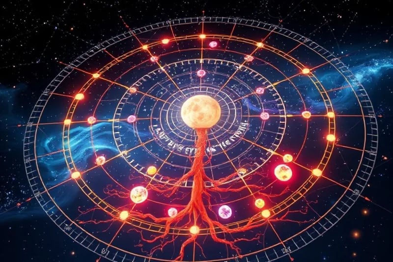 Representación abstracta de la conexión cuántica entre planetas, plantas y energía.
