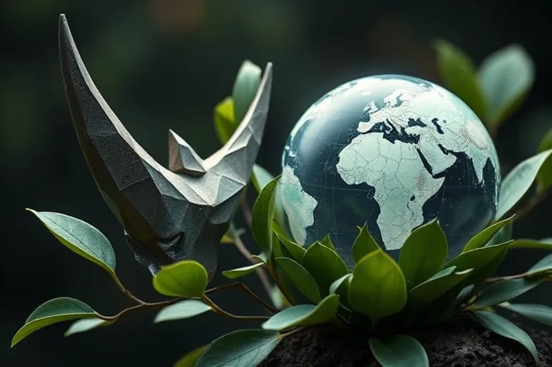 Elementos simbólicos del legado del rinoceronte: cuerno estilizado, hojas verdes y un globo, representando la conservación global.