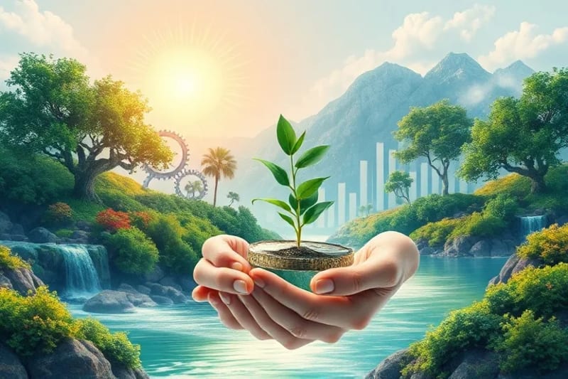 Ilustración acuarela de un ecosistema donde elementos de negocio se fusionan con la naturaleza. Manos cuidan una planta que crece de una moneda, simbolizando crecimiento sostenible.