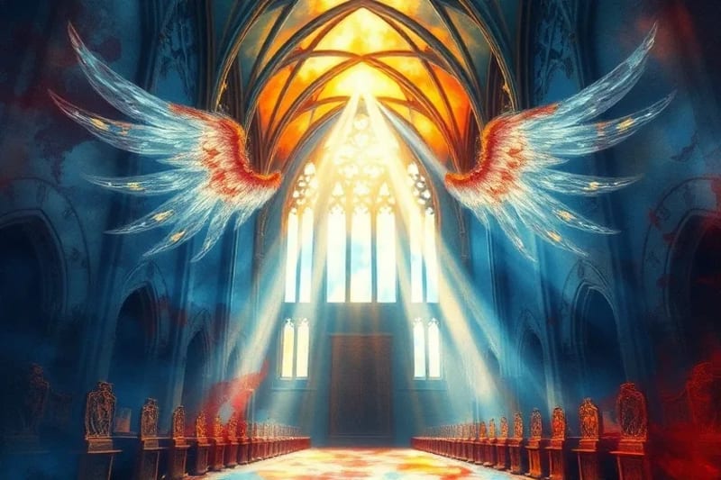 Pintura abstracta de remolinos azules, dorados y rojos con alas angelicales sutiles, representando fuerzas celestiales.