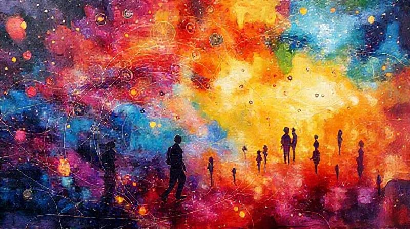 Escenas de vida con símbolos astrológicos y flujos de datos