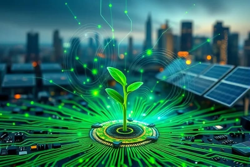 Representación abstracta de la transformación digital y el crecimiento sostenible en un entorno empresarial.