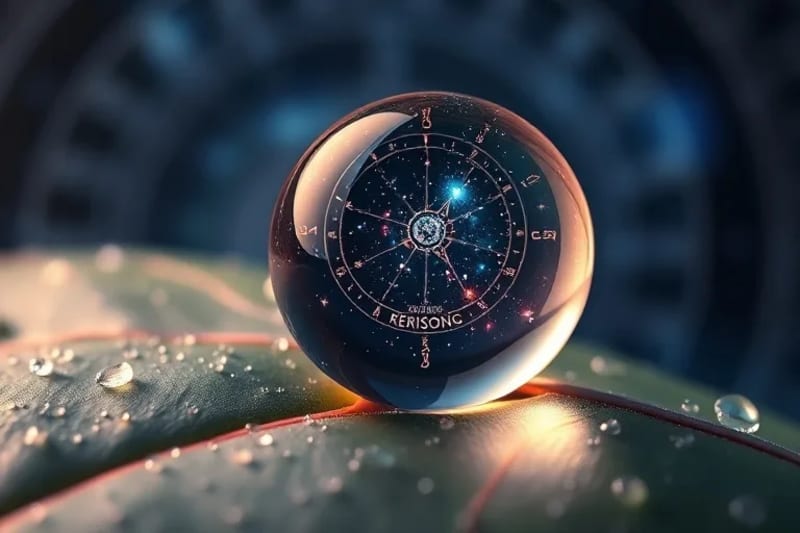 Gota de rocío en una hoja reflejando una galaxia con partículas de cristal