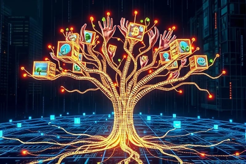 Representación digital de una cadena de bloques formando un árbol con símbolos de energía renovable, manos diversas interactuando.