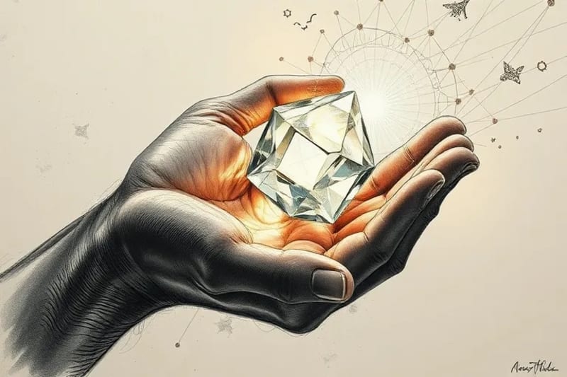 Human hand gently holding a glowing quartz crystal with subtle sacred geometry patterns