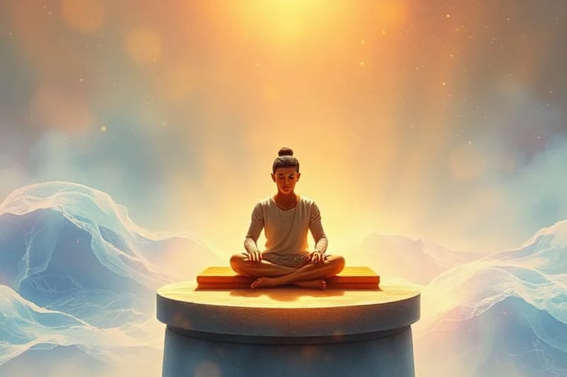 Pintura acuarela de una figura humana serena meditando, rodeada de ondas de conciencia y energía cuántica, con un patrón de rosario abstracto emergiendo de la luz.