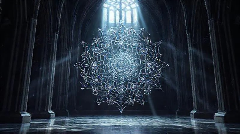 Renderizado 3D abstracto de circuitos digitales interconectados formando una estructura similar a un rosario, con proyecciones holográficas de símbolos antiguos y datos modernos, sobre un fondo oscuro y futurista.