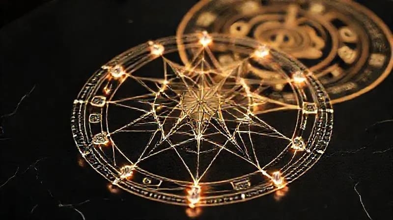 Intricate crystal grid on a dark surface with glowing lines and subtle holographic Hermetic symbols