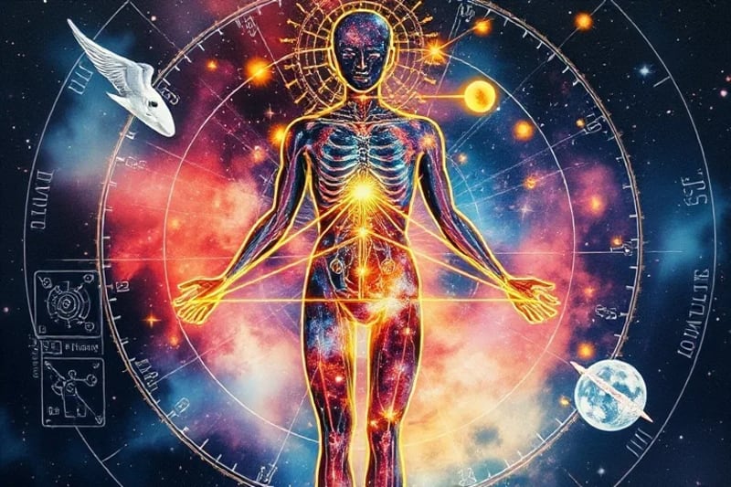 Representación artística de las vías energéticas del cuerpo humano entrelazadas con elementos cósmicos y esencias alimenticias que disuelven patrones ancestrales.