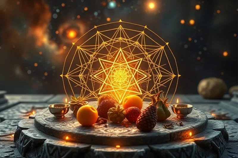 Bodegón conceptual de un altar con una rejilla de cristales, una fruta central brillante y cuencos de especias, representando un ritual gastronómico para la sanación kármica.