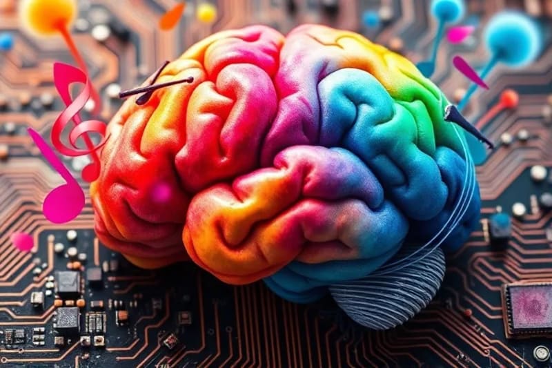 Una representación artística en acuarela de un cerebro vibrante, con notas musicales flotando y fusionándose con senderos de memoria y curvas de aprendizaje, evocando creatividad y expansión mental.