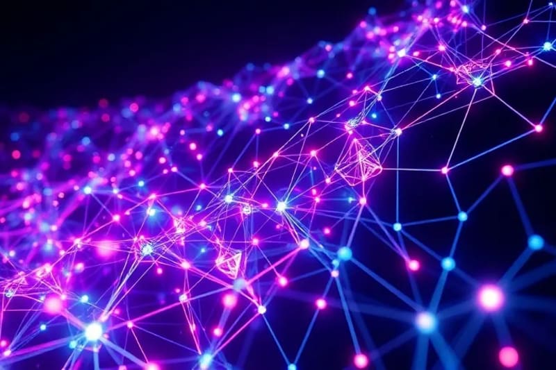 Una representación 3D de una red neuronal intrincada y brillante, con ondas sonoras estilizadas que interactúan con nodos específicos, destacando la complejidad de la actividad cerebral musical en un entorno futurista.